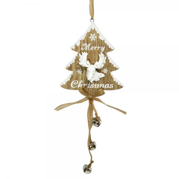 Χριστουγεννιάτικο Κρεμαστό Ξύλινο Δεντράκι, με Κεραμικό Τάρανδο και Κουδουνάκια (40cm)